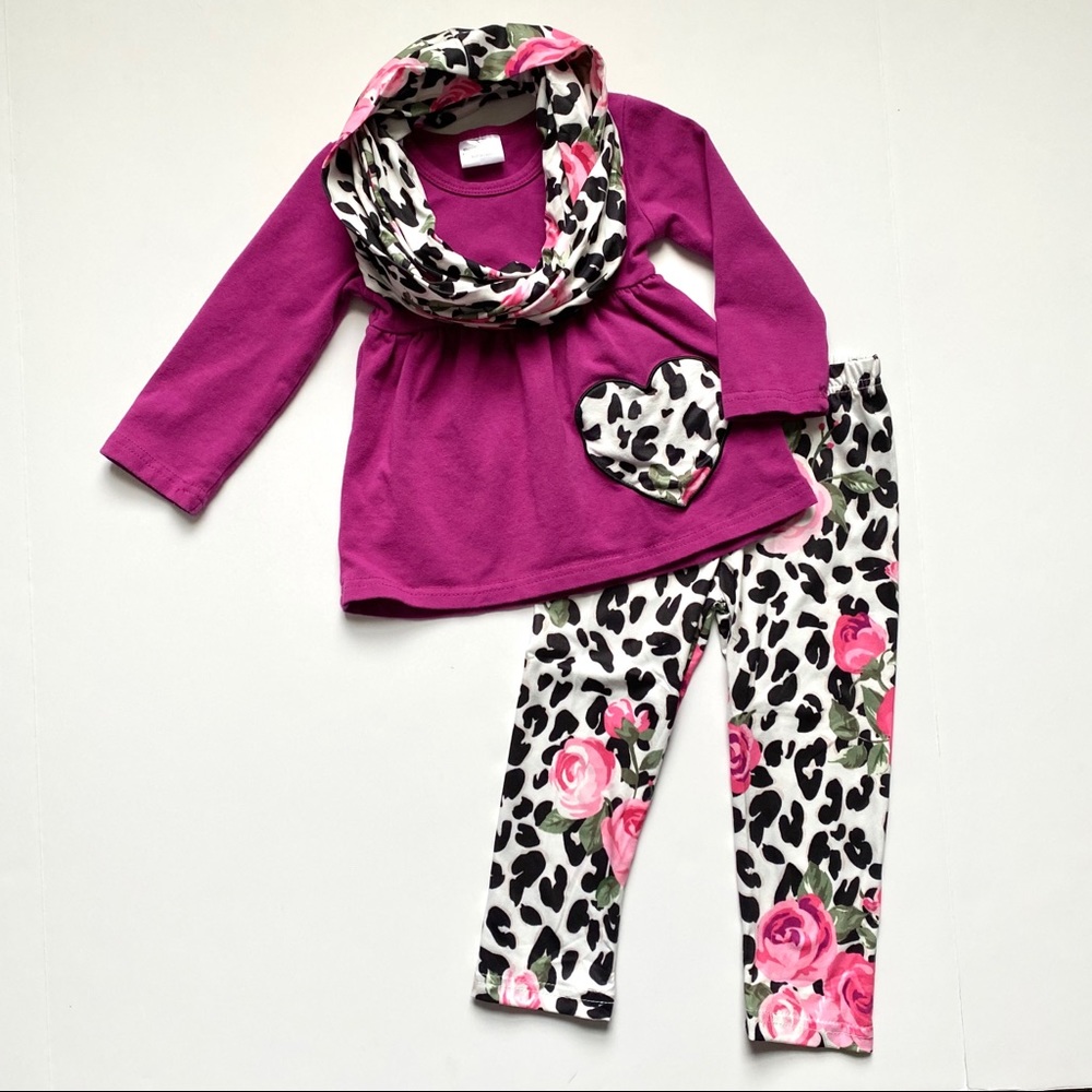 Girls Fuchsia Floral Leopard Matching Set with Scarf